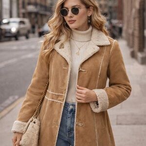 Woolworths Faux Sherpa Lined Toggle Coat M Tan Suede Western Chore Barn Jacket